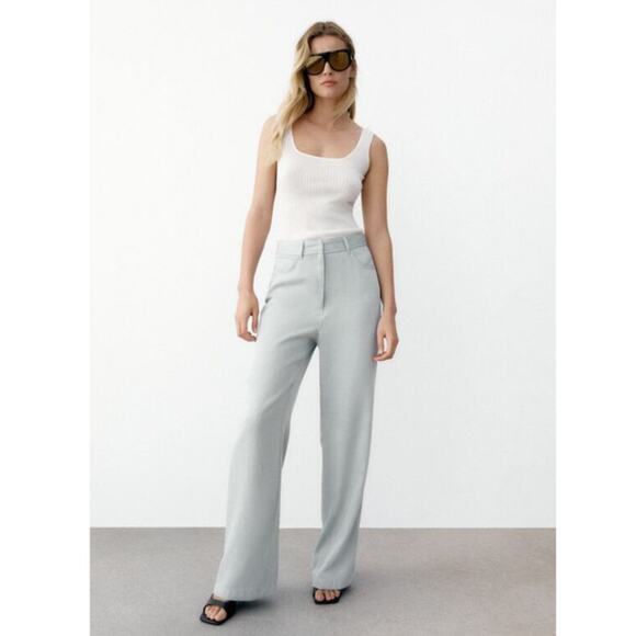 Zara High Rise Full Length Wide Leg Menswear Inspired Trouser Pant Light Blue - Picture 2 of 7